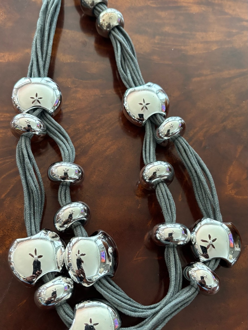 Silver Metal Bead & Gray Cord Multi-Strand Necklace